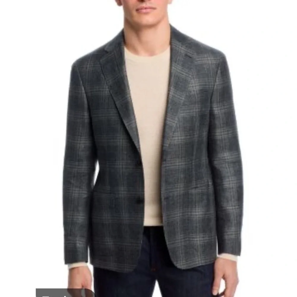 Vince Sport Coat 42 R Mens Navy‎ Blue Plaid Unstructured Wool Slim Blazer